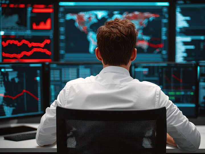 rear view of Caucasian male sitting at a table full of screens monitoring AI red teaming stress-testing security infrastructures 