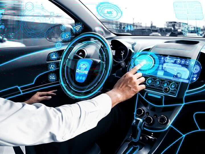 Concept of machine learning, artificial intelligence in Self-driving autonomous car on busy road in the city