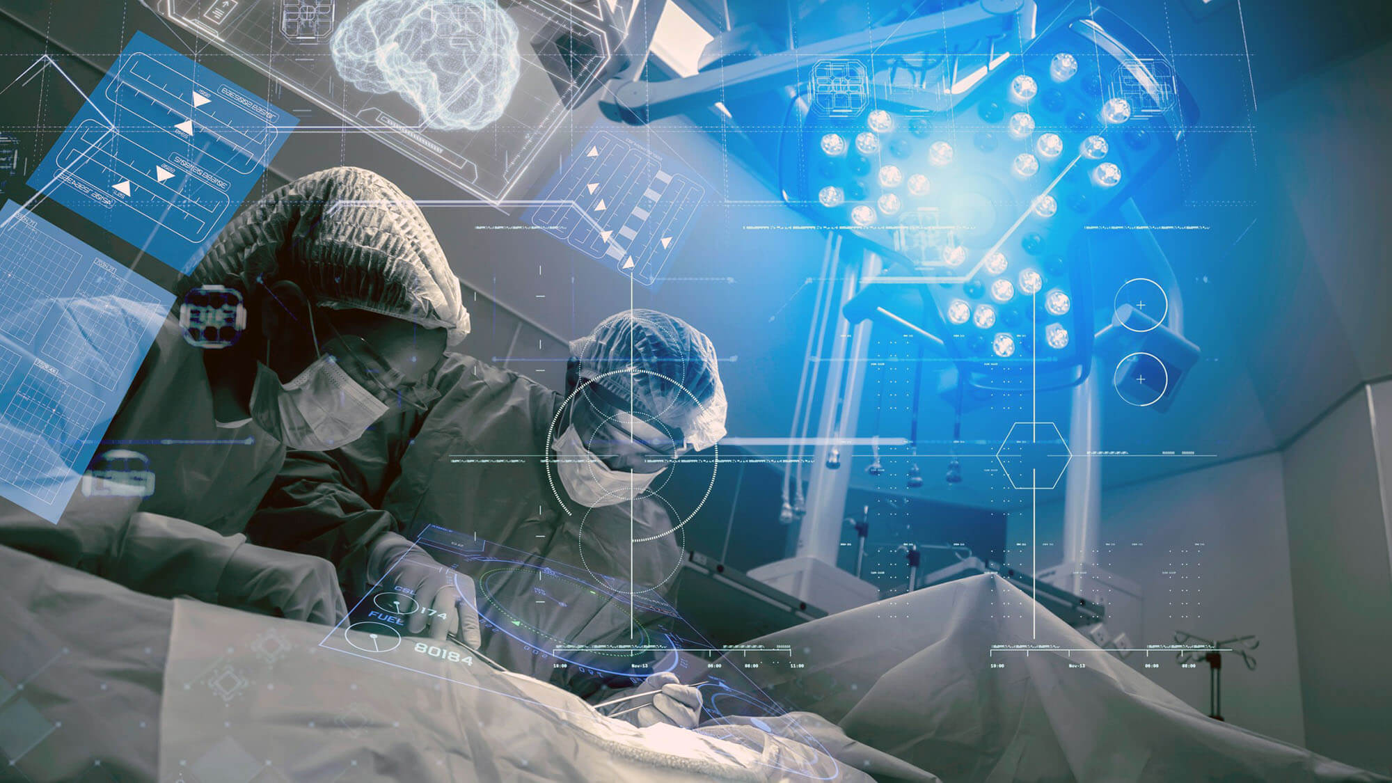 Operating room Doctor or Surgeon anatomy on Advanced robotic surgery machine futuristic virtual interface, robotic surgery are precision, miniaturisation future of tomorrow healthcare and wellness