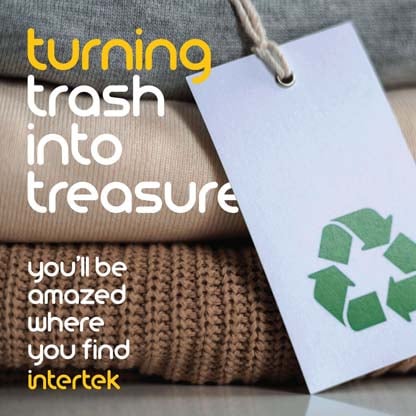 Tag with recycling logo sitting alongside stack of folded sweaters